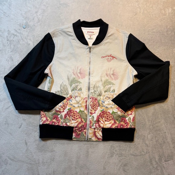 True Religion Jackets & Blazers - True Religion Womens Floral Buddha Graphic Bomber‎ Jacket Cream Black Size L